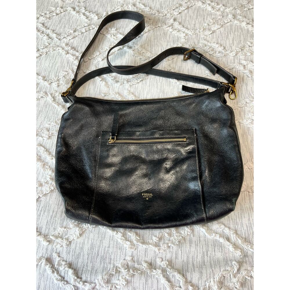 Vintage Fossil Black Cowhide Leather Crossbody Purse Satchel w Gold Hardware